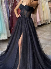 Glitter Tulle Prom Dresses Long 2025 Spaghetti Straps Sweetheart 3D Flowers Evening Party Gowns with Slit - Bmbride